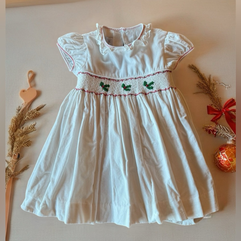 Little English Smocked Christmas Dress - Holly Embroidery - Size 6